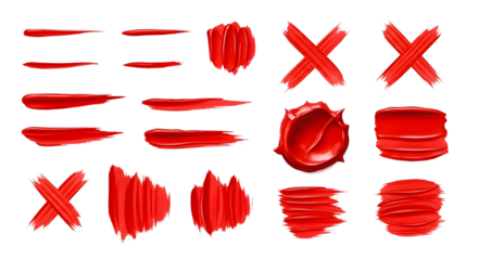 Collection of realistic vector red paint strokes, thick cosmetic lip gloss smears, textured samples, and artistic brush marks including thick cross shapes isolated on white.