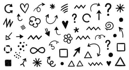 Hand drawn doodle element set including arrows, hearts, question marks, and geometric shapes, isolated black ink scribble vector graphic pattern for design projects.