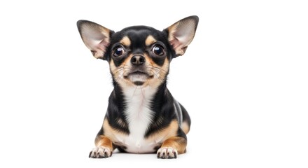 A small black and tan Chihuahua dog lying down on a white background.