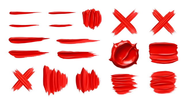 Collection of realistic vector red paint strokes, thick cosmetic lip gloss smears, textured samples, and artistic brush marks including thick cross shapes isolated on white.