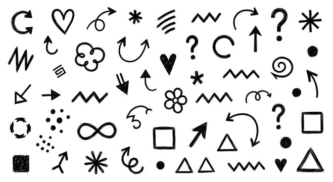 Hand drawn doodle element set including arrows, hearts, question marks, and geometric shapes, isolated black ink scribble vector graphic pattern for design projects.