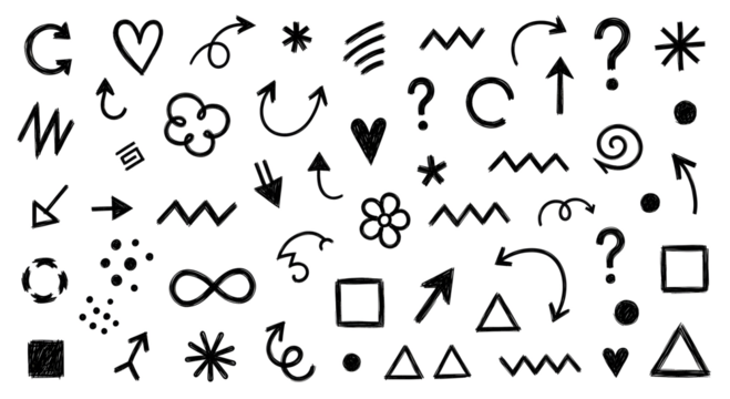 Hand drawn doodle element set including arrows, hearts, question marks, and geometric shapes, isolated black ink scribble vector graphic pattern for design projects.