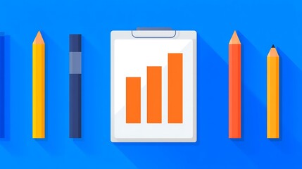 A colorful flat design featuring pencils and a clipboard with a bar graph, set against a blue background, ideal for educational or business themes.