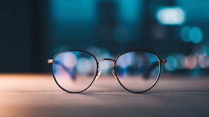 Stylish eyeglasses with reflective lenses are centered on a surface, showcasing a modern design against a softly blurred background.