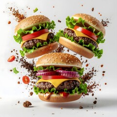 Three Juicy Cheeseburgers Floating on White Background