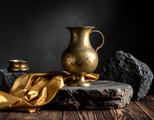 Still life with antique brass jug and bowl.