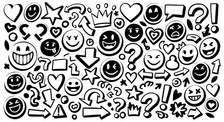 Seamless doodle pattern background with various hand drawn sketches including black smiley faces, arrows, question marks, hearts, stars, and emotional emoticons