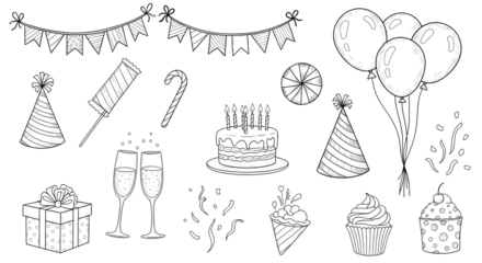 Hand drawn birthday party celebration doodle elements set featuring balloons, festive banner, gift box, striped hats, confectionery, and decorated tiered cake isolated on white background.