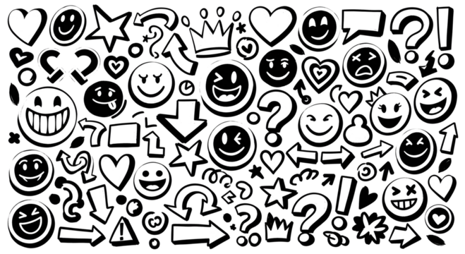 Seamless doodle pattern background with various hand drawn sketches including black smiley faces, arrows, question marks, hearts, stars, and emotional emoticons