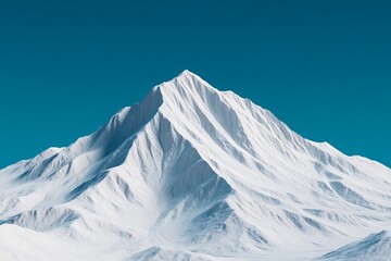 A majestic snow-covered mountain peak against a clear blue sky, showcasing its sharp ridges and serene beauty.