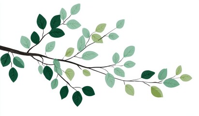 Obraz premium Illustration of Branch with Green and Light Green Leaves on White Background Symbolizing Nature's Growth, Beauty, and Harmony.