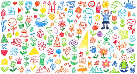 Crayon drawing abstract seamless pattern background texture made up of colorful flowers smiley faces and children sketches in kid style artwork