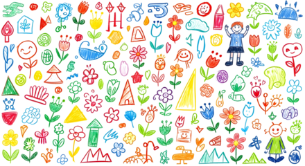 Crayon drawing abstract seamless pattern background texture made up of colorful flowers smiley faces and children sketches in kid style artwork