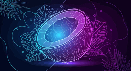 Neon coconut halves with tropical foliage in glowing gradient hues