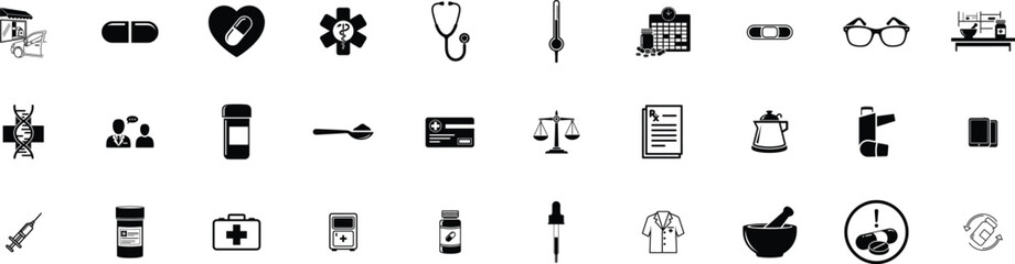 monochrome pharmacy glypy icon set, Medicine Cart, Heart with Pill, Star of Life, Stethoscope, Thermometer, Medication Schedule, Adhesive Bandage, Eyeglasses, Mortar and Pestle, vector silhouette