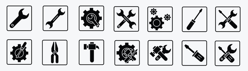 Collection of flat vector icons representing essential tools for repair, service, and maintenance.
