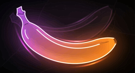 Neon illuminated banana radiating a vibrant spectrum against dark background