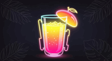 Neon illustration of a mango smoothie drink with tropical leaf outlines