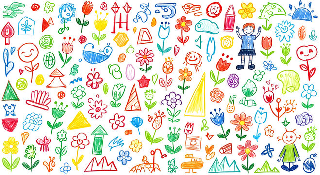 Crayon drawing abstract seamless pattern background texture made up of colorful flowers smiley faces and children sketches in kid style artwork