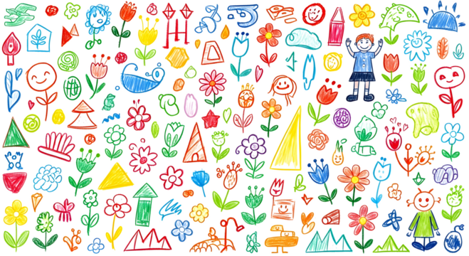 Crayon drawing abstract seamless pattern background texture made up of colorful flowers smiley faces and children sketches in kid style artwork