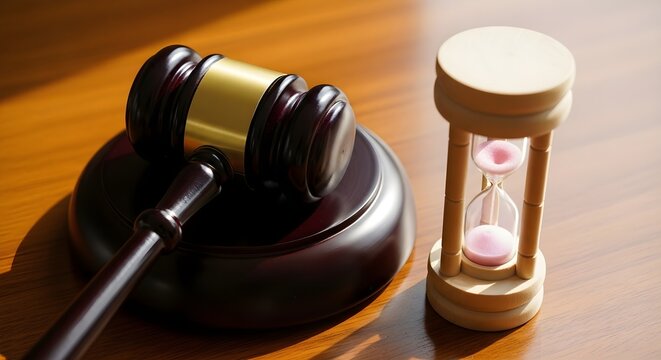 Gavel and Hourglass on Wooden Table Justice and Time