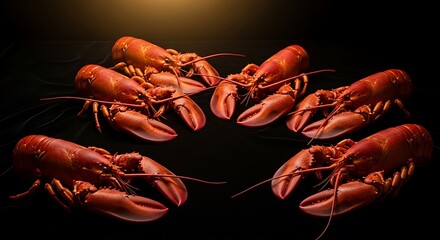 A visually striking arrangement of five succulent cooked lobsters presented in a circular formation against a dark moody background with subtle lighting