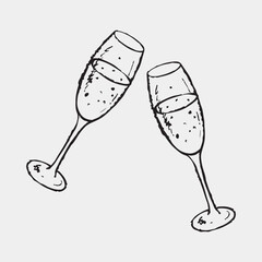 Hand drawn champagne glasses clinking in toast. Vector sketch illustration in vintage crayon charcoal style. Date concept, holiday celebration, happy New year symbol, birthday party invitation