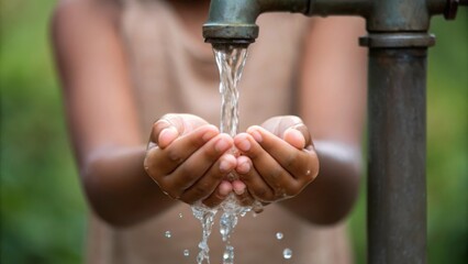 Hands Receiving Clean Water from a Pump in a Serene Stream Setting