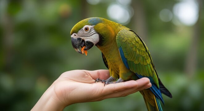 A colorful parrot perched on a human hand with a blurred green background. - Powered by Adobe