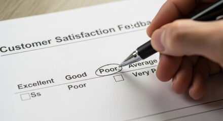A hand holding a pen over a customer satisfaction survey form with the word 'Poor' checked.