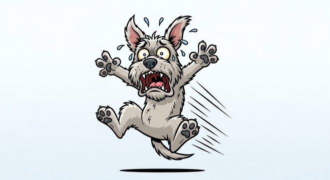 A cartoon illustration of a scared dog with its mouth open and eyes wide open, jumping and shaking its body.
