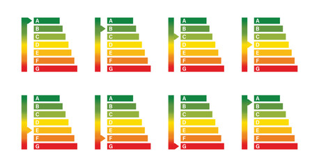 Set of energy efficiency rating app icons with arrows. Energy efficiency rating indicator from highest to lowest. Vector illustration
