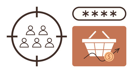 Target focus on group, secure password bar, shopping basket with dollar coin and growth arrow. Ideal for marketing, audience targeting, e-commerce, online security, customer research, data analysis