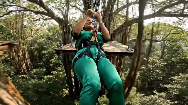 Excited woman cheering while zip lining through a lush, green tropical jungle canopy as an extreme outdoor adventure activity