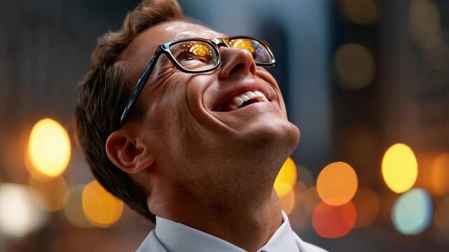 Pure Bliss in the City: An individual, bathed in the soft glow of city lights, exudes genuine happiness, his face alight with laughter and joy.