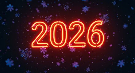 Neon 2026 sign with snowflake decorations on dark background
