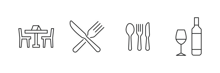 Restaurant table, fork knife set, cutlery utensils, wine bottle glass icon set, dining vector illustration, minimal food beverage service art.