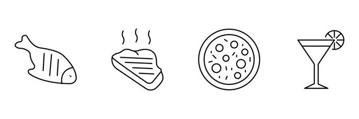 Grilled fish, hot steak, pizza, cocktail martini icon set, restaurant food vector illustration, minimal outline culinary drink gourmet.