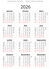 2026 french calendar vertical days. Vector illustration for France