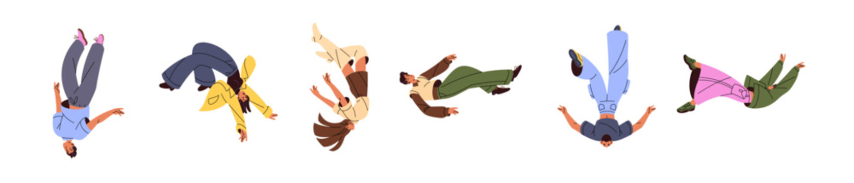 People are falling down set. Black men and women are jumping and flying in sky. Free girls, boys are soaring in air. Concepts of freedom, inspiration, aspiration. Flat isolated vector illustrations