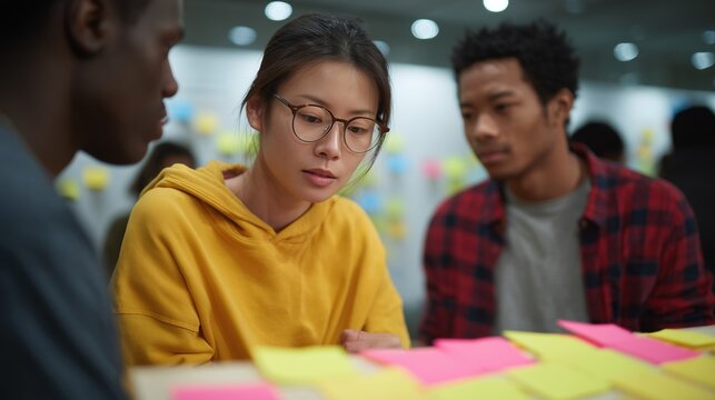 Team Brainstorming: A collaborative brainstorming session is underway as a diverse team huddles together, ideas displayed on colorful sticky notes, fostering innovation and teamwork.  - Powered by Adobe