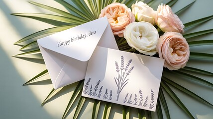 Birthday Greeting with Envelope, Card, and Roses – Personalized Celebration and Floral Stationery Concept