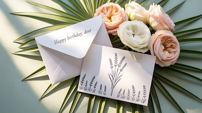 Birthday Greeting with Envelope, Card, and Roses – Personalized Celebration and Floral Stationery Concept