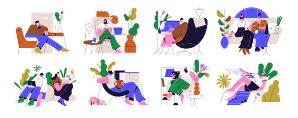 People with computers set. Remote employees work on laptop at home. Freelance workers do businesses with PC. Characters watch videos and movies by tablet. Flat isolated vector illustrations on white