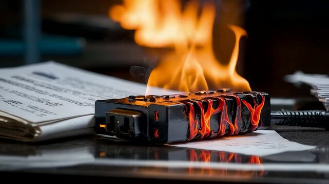 Burning USB Drive on Fire with Flames Engulfing Papers and Office Desk in Dramatic Scene