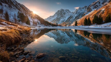 golden sun rays over tranquil mountain lake