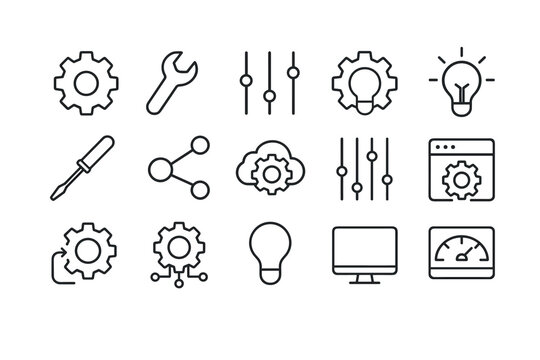 Linear icon set of technical tools and settings for digital interfaces
