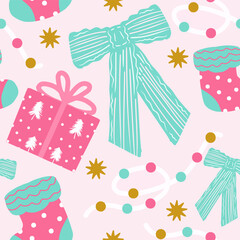Christmas gift and bow seamless pattern in pastel style for festive wrapping paper, holiday decor, and cute seasonal design.
