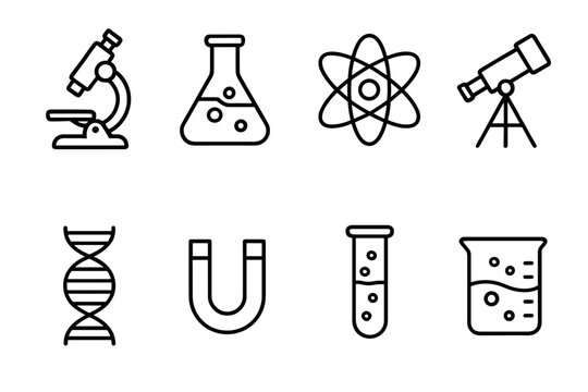 Science icons set microscope, laboratory, atom, telescope, dna, magnet, flask, beaker
