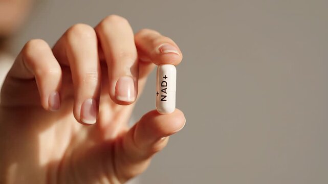Macro shot of a well manicured female hand grasping a solitary NAD plus tablet. Nicotinamide adenine dinucleotide is a widely sought after supplement known for its anti aging properties